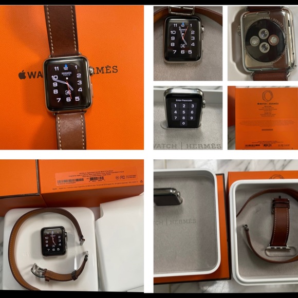 HERMES APPLE WATCH , WITH 38mm FAUVE BERENIA HANDMADE LEATHER DOUBLE TOUR BAND - Picture 2 of 16